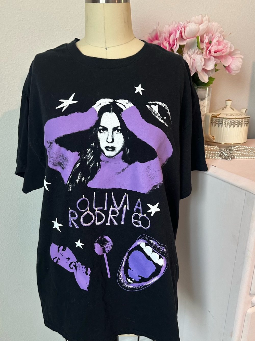 OP Olivia Rodrigo Black Tee with Purple Graphic